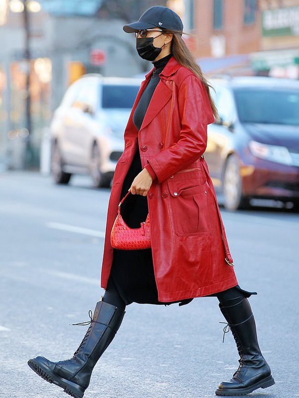 Irina Shayk Red Leather Trench Coat