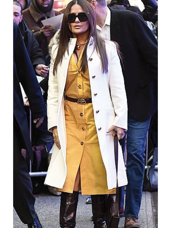 NYC Salma Hayek White Leather Coat Stars Jackets