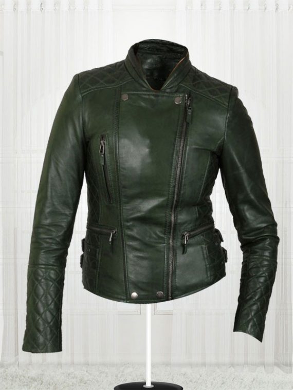 Women's Olive Green Biker Jacket - Stars Jackets