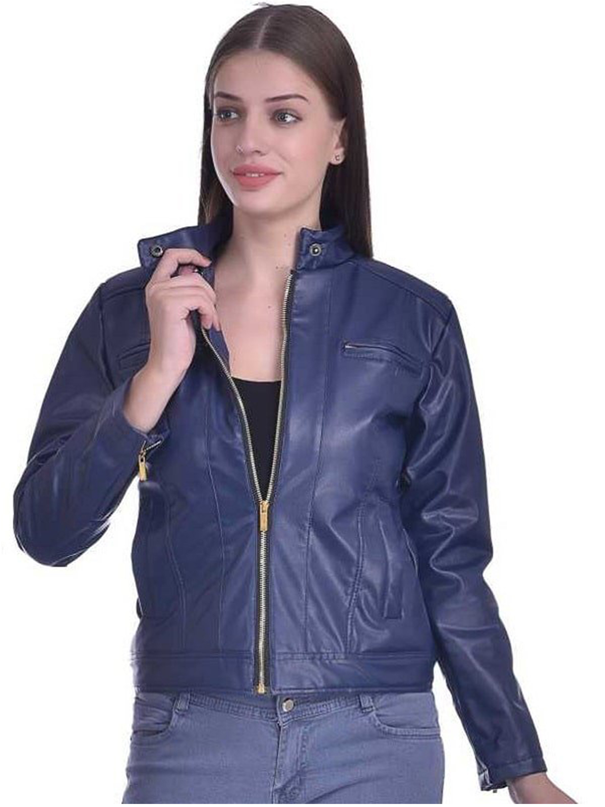 Christy World Solid Womens Stylish Blue Leather Jacket 5058