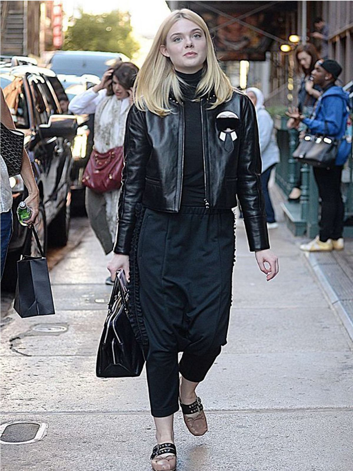 Elle Fanning Fur Black Leather Jacket