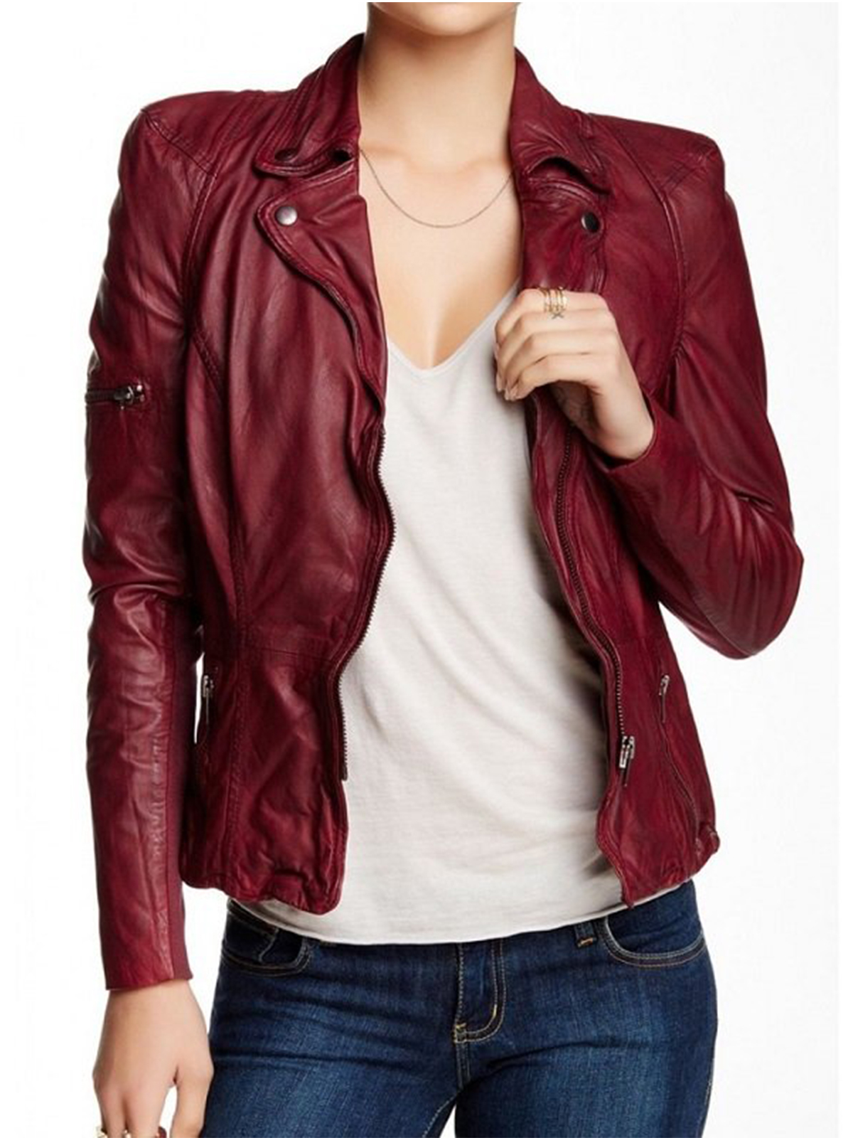 Rosie Huntington Burgundy Ladies Leather Jacket