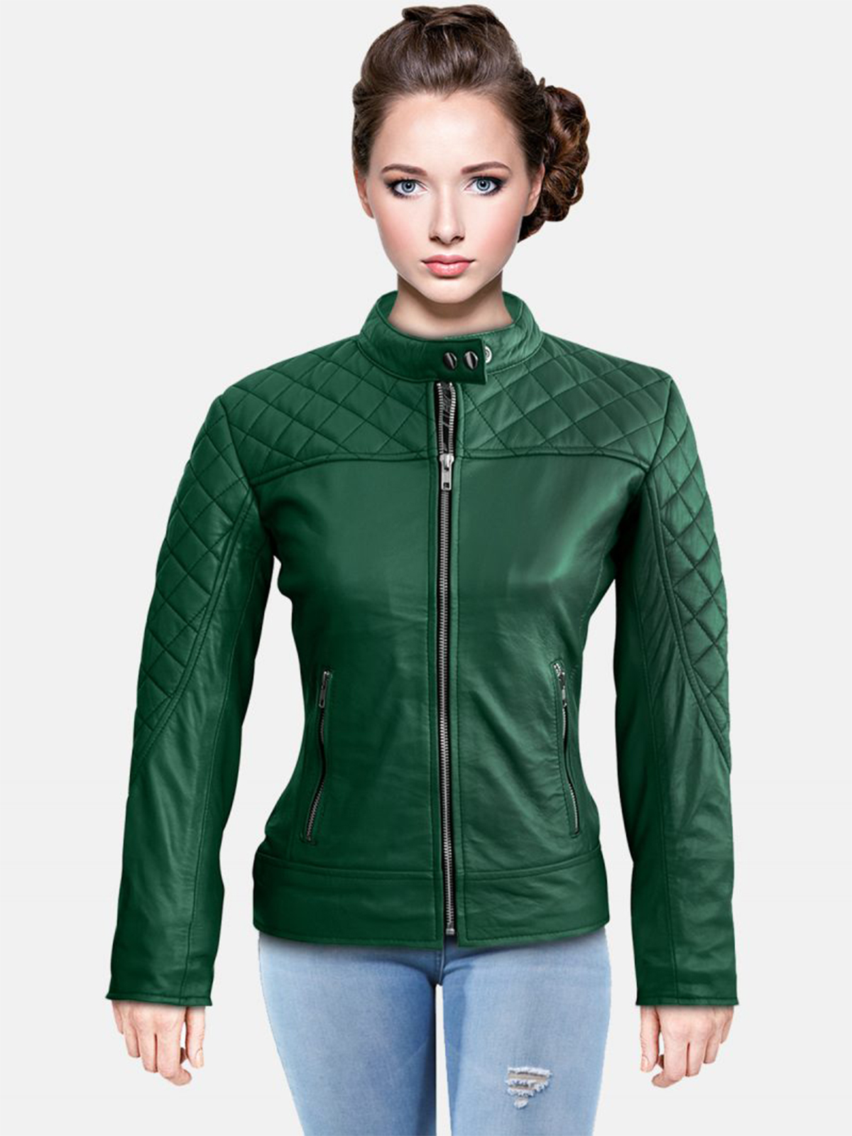 Women Green Quilted Genuine Leather Jacket - Stars Jackets