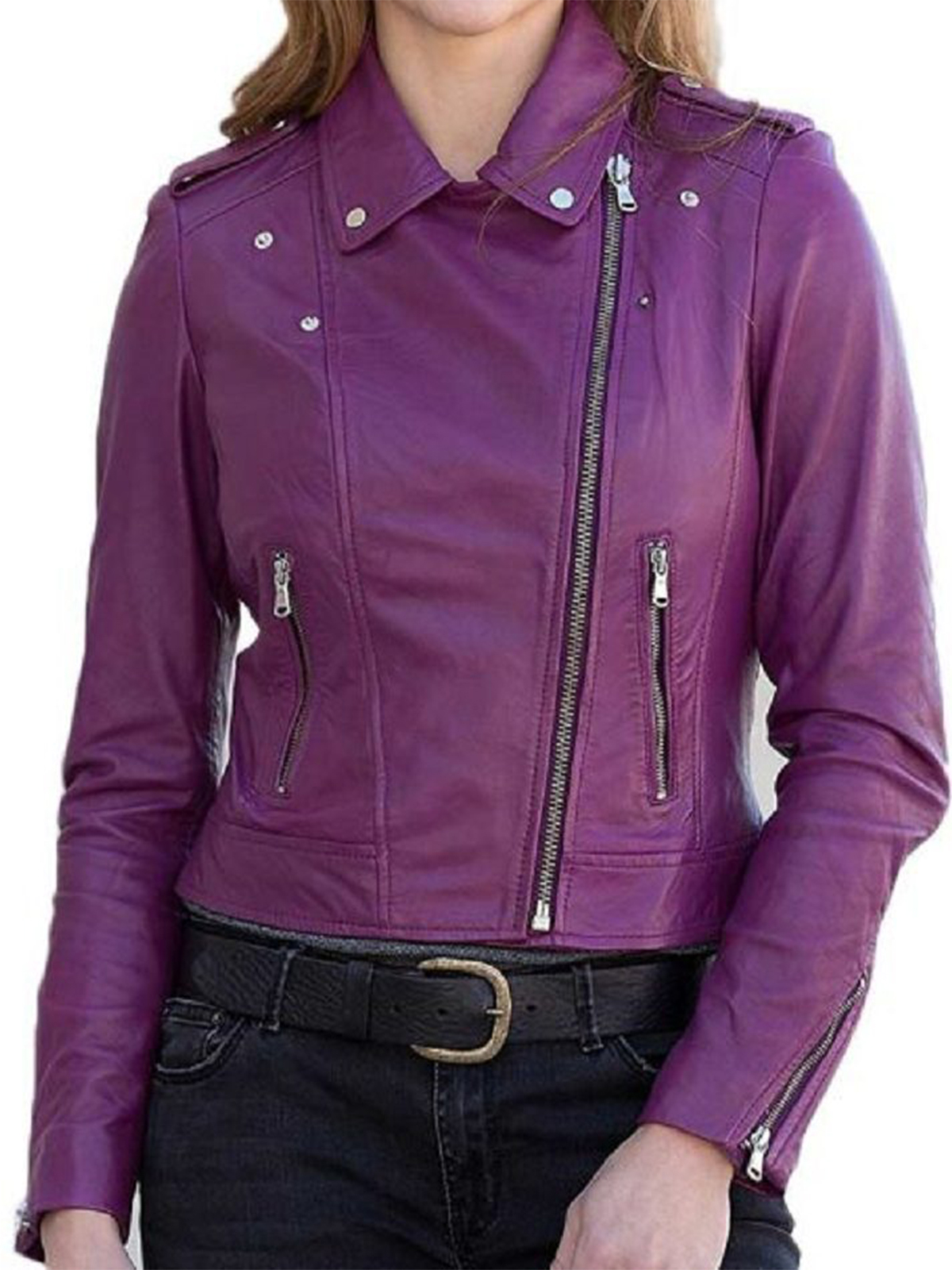 Womens Purple Classic Motorcycle Leather Jacket