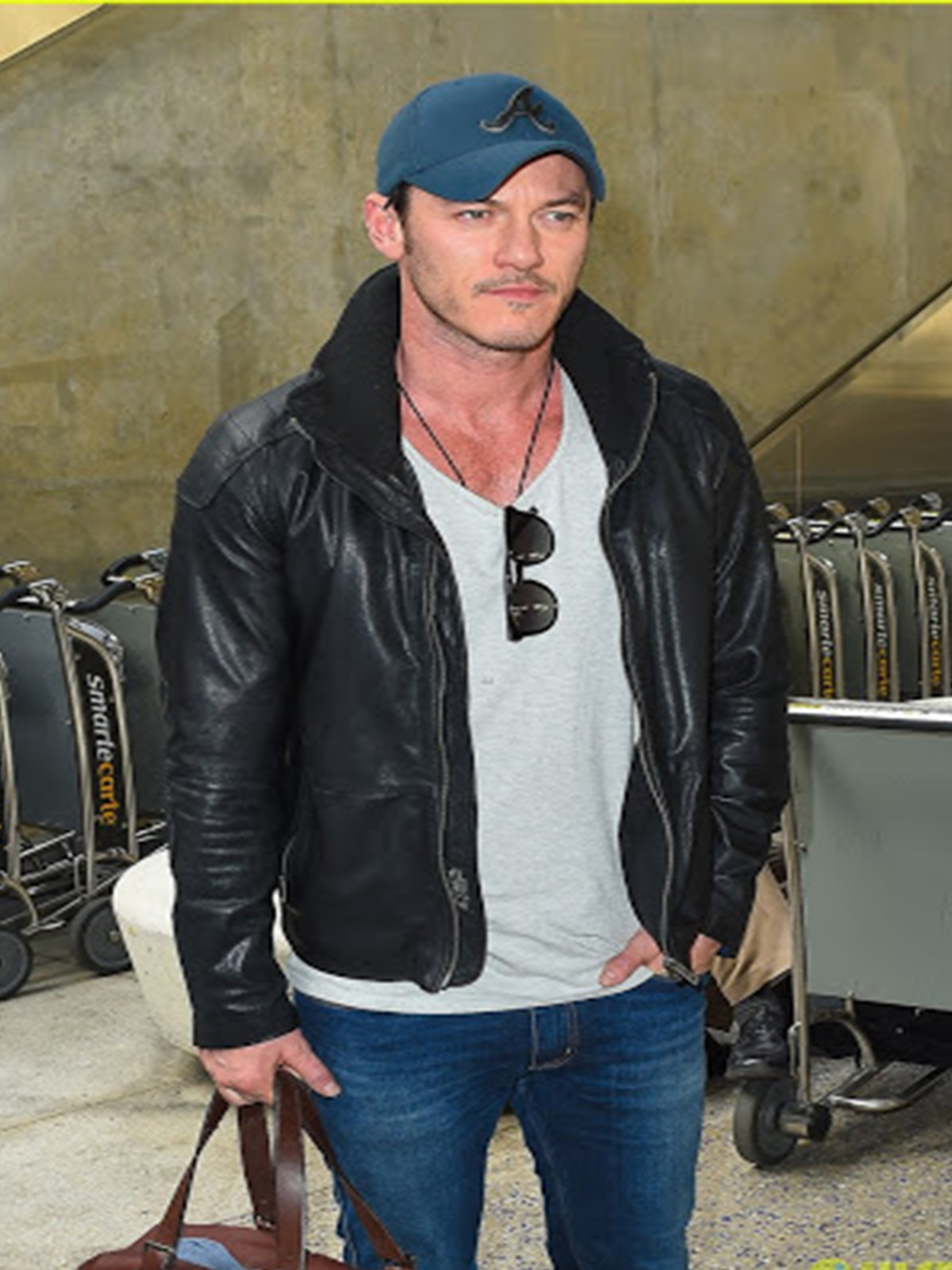 Luke Evans Casual Double Collar Black Real Leather Biker Jacket For Men