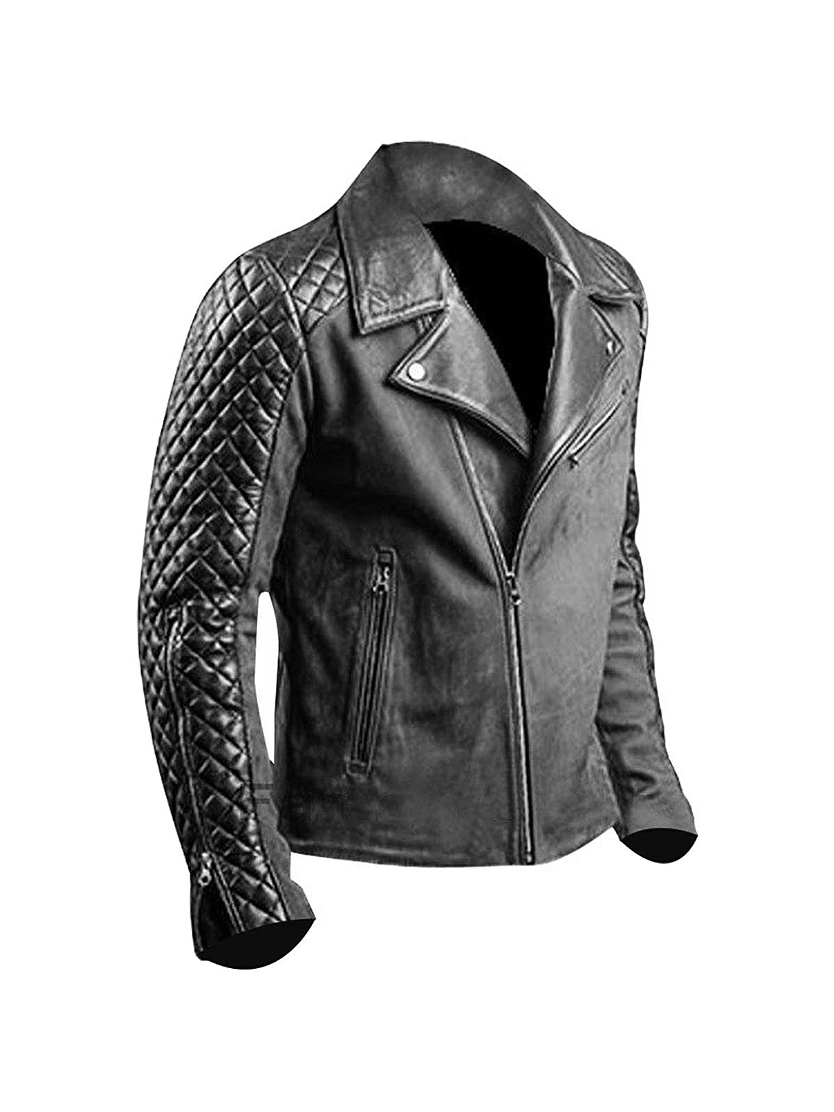 Mens Cafe Racer Stylish Biker Black Quilted Sleeves With Suede Leather Jacket