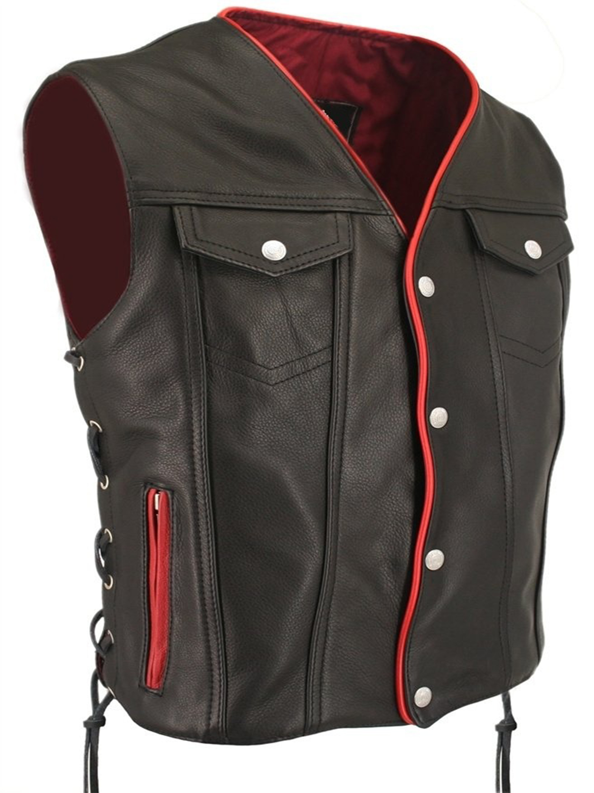 Men Red Trim Gun Pocket Motorcycle Vest