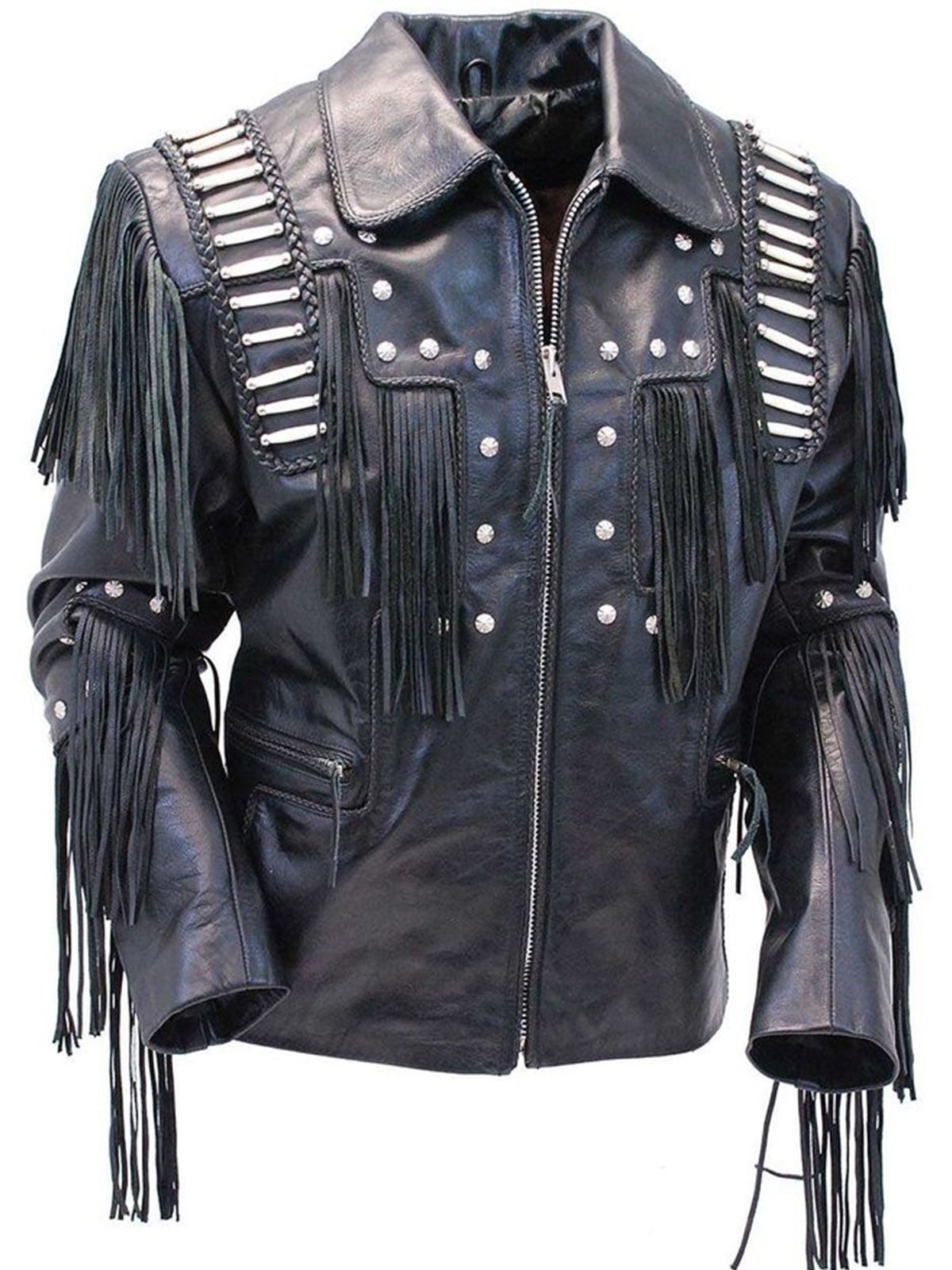 Mens Bones & Braids Fringed Leather Jacket