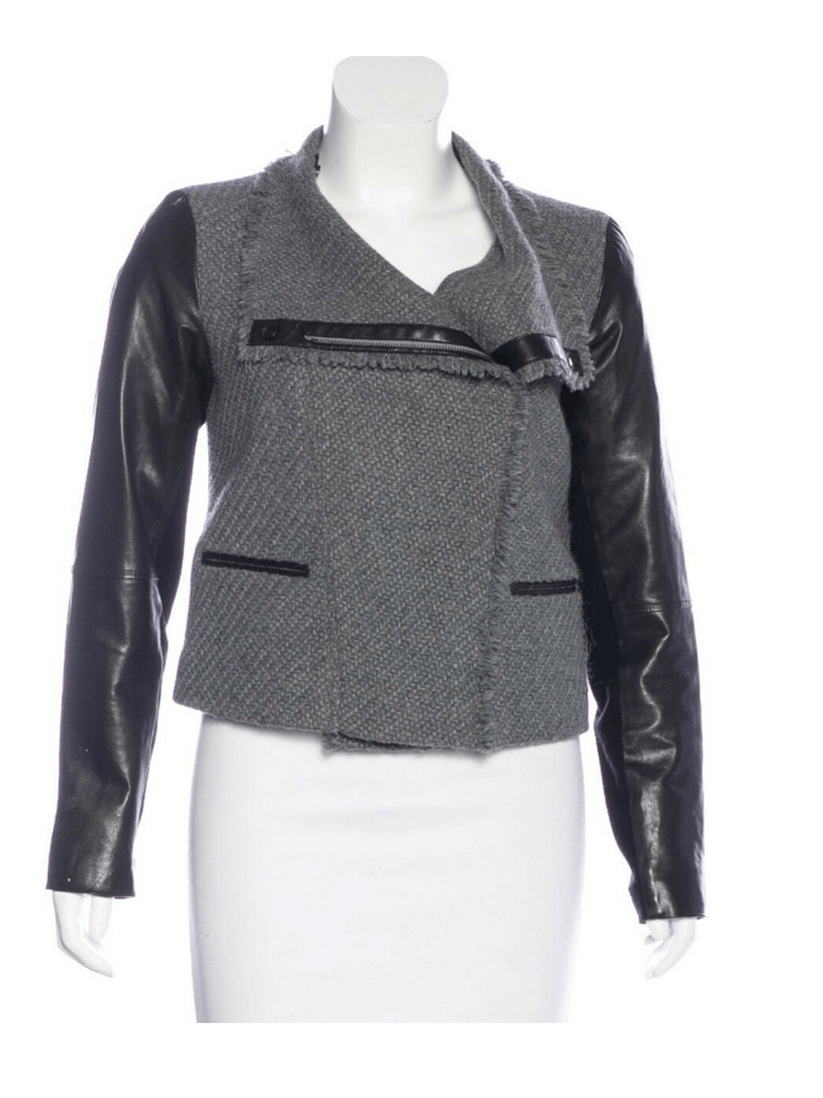 Gray Tweed Boucle Black Leather Sleeve Moto Jacket - Stars Jackets