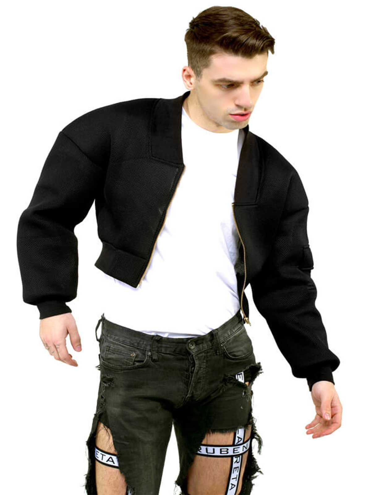 Men’s Fashion Black Cropped Bomber Jacket Stars Jackets