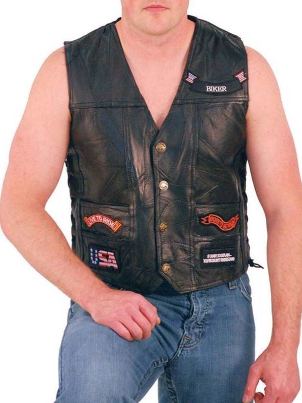 Buy Now Mens Patched Motorcycle Leather Vest