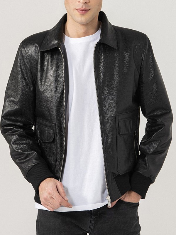 Buy Now Mens Shirt Collar Black Bomber Leather Jacket