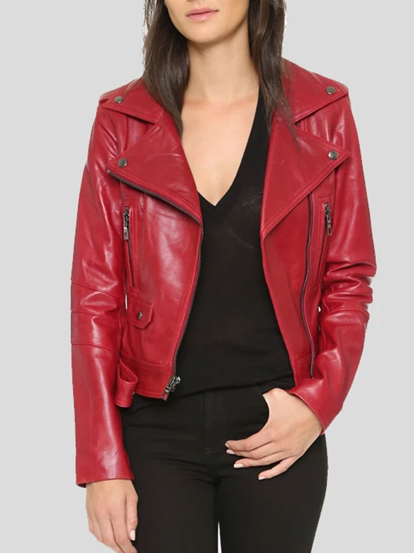 Buy Now Womens Red Leather Biker Jacket