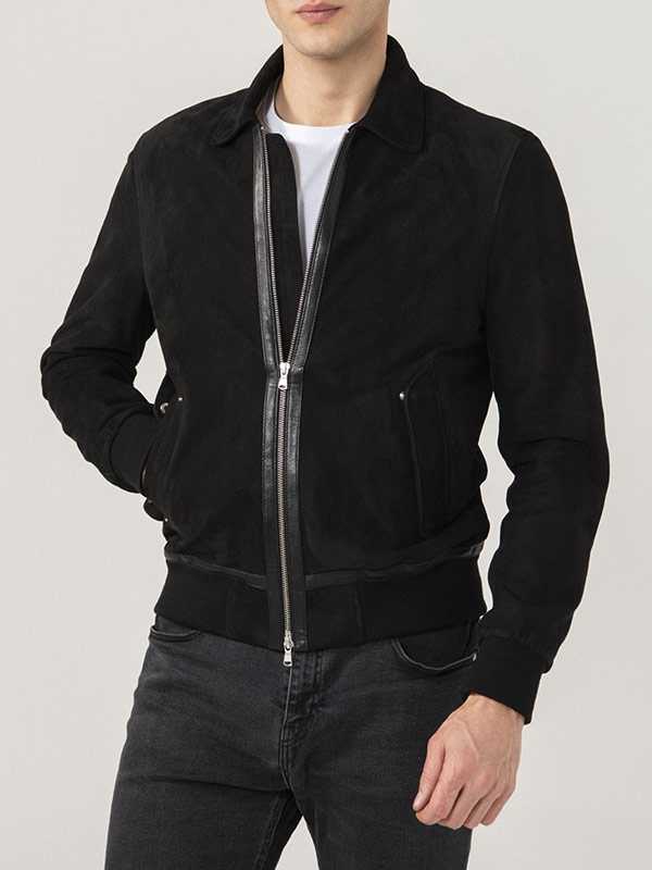 Mens Black Suede Bomber Leather Jacket 