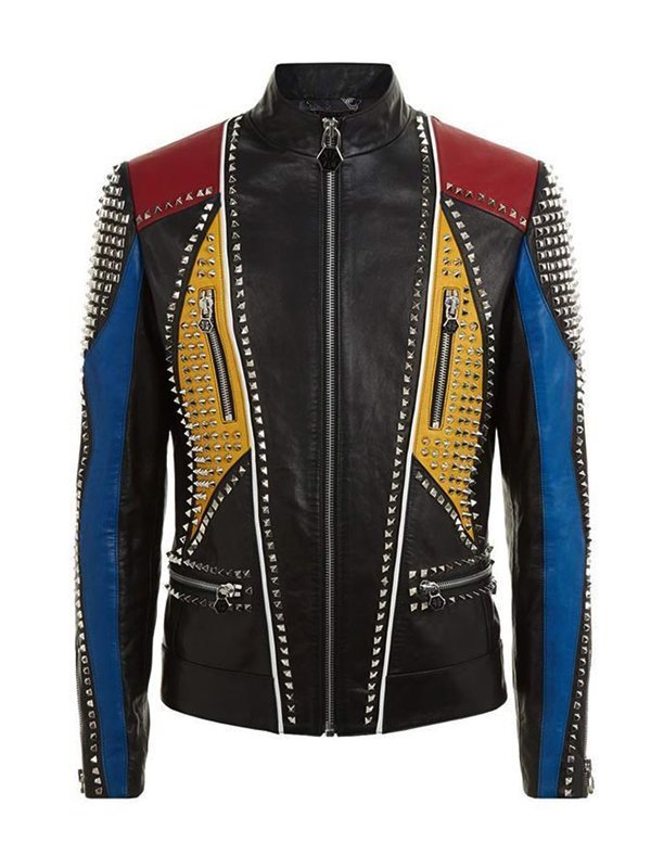 Men’s Studded Slimfit Multicolor Leather Jacket Stars Jackets